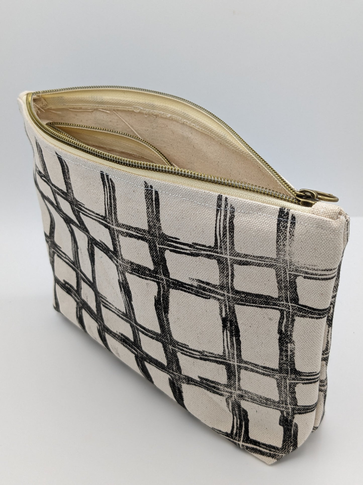 Black Minimalist Printed Double Zip Pouch