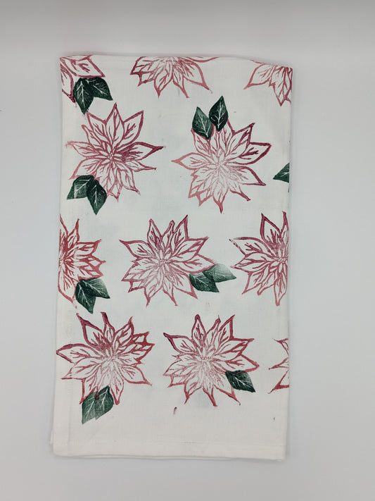 Poinsettia Block-Printed Kitchen Towel