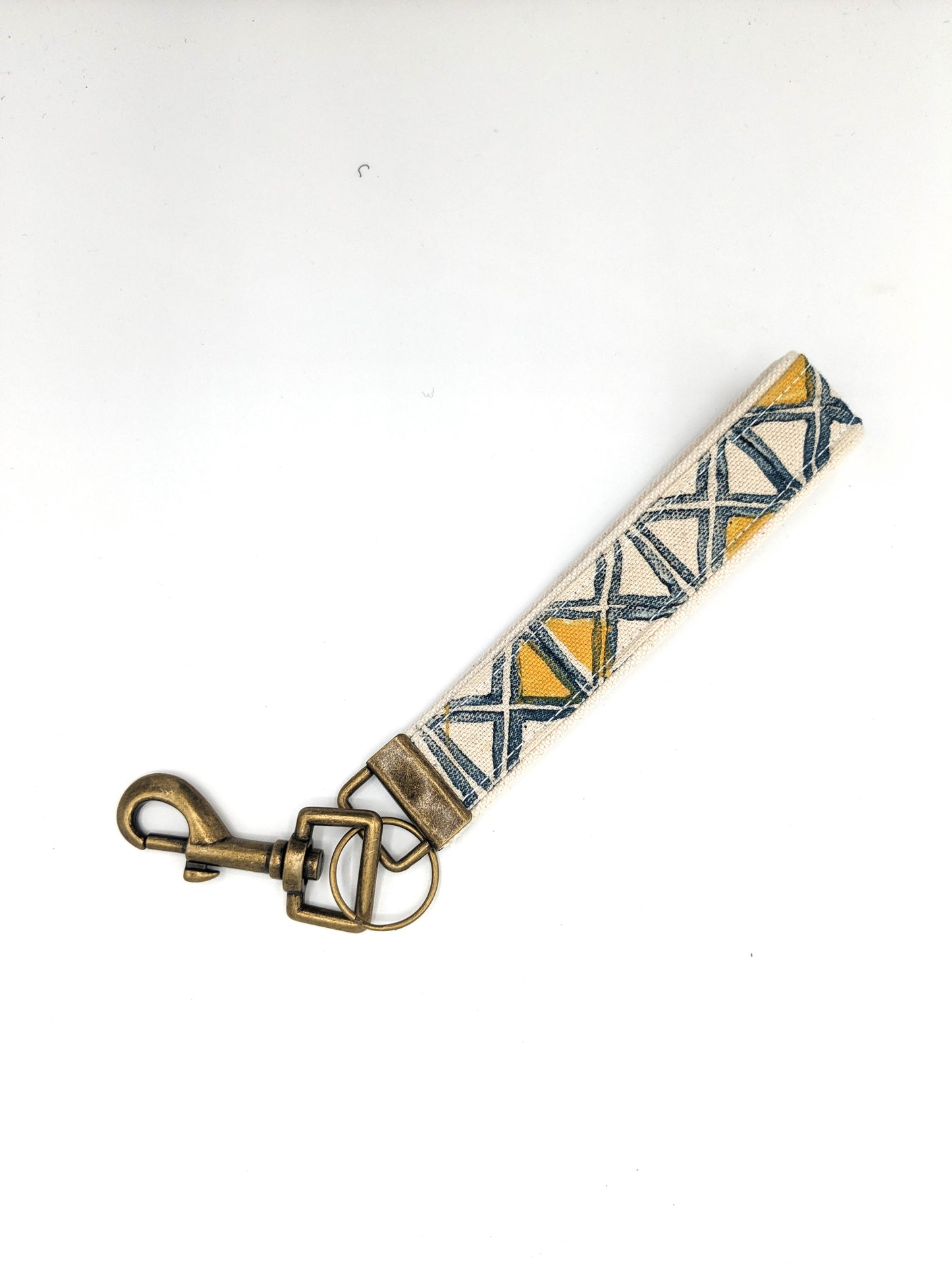 Geometric Navy Yellow Triangles Block Printed Key Fob Wristlet
