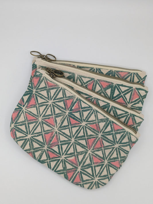 Green & Pink Triangle Block Printed Half Moon Zip Pouch