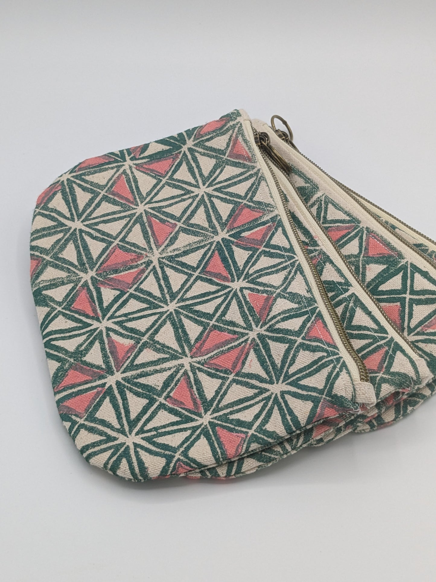 Green & Pink Triangle Block Printed Half Moon Zip Pouch