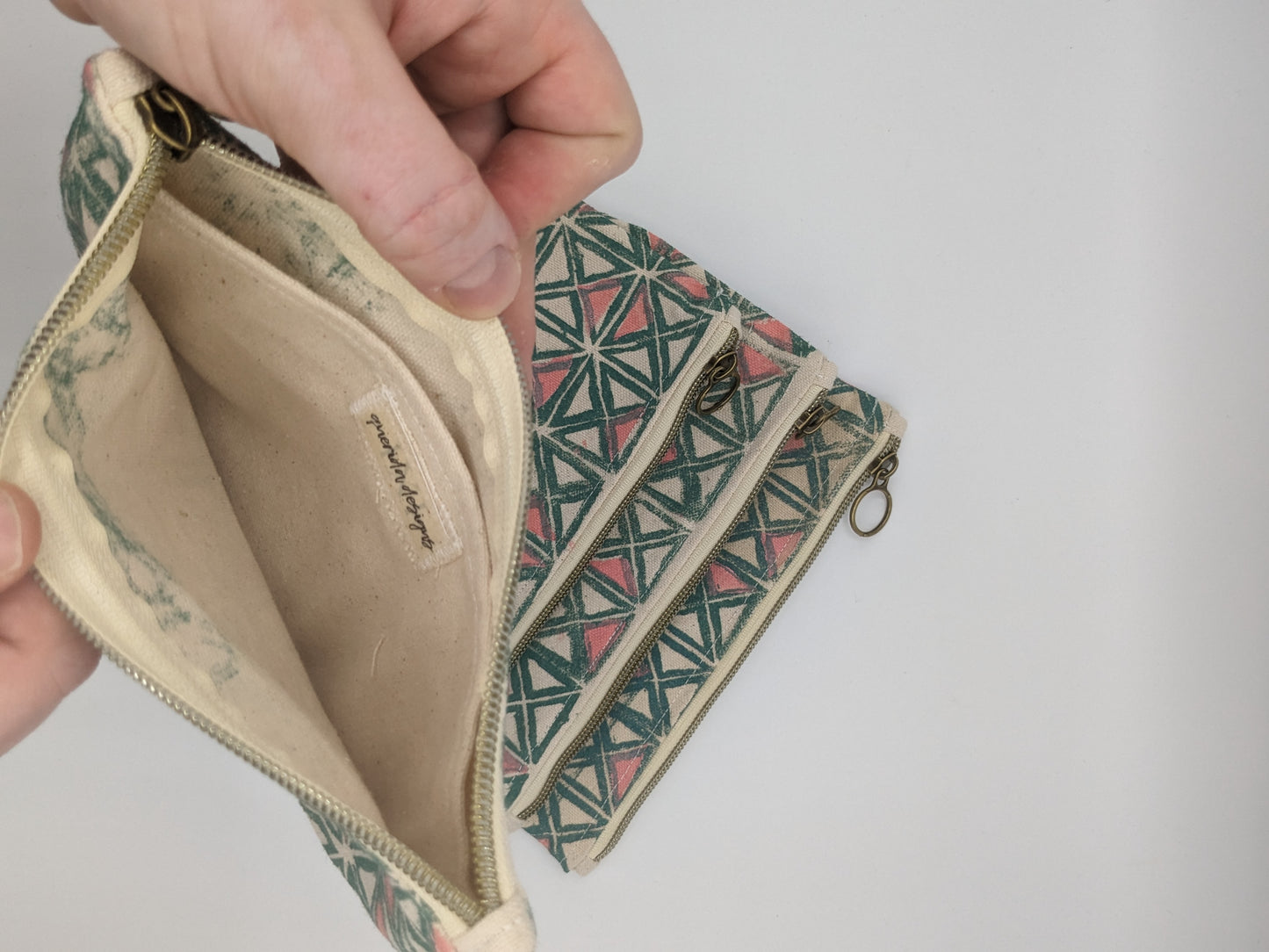 Green & Pink Triangle Block Printed Half Moon Zip Pouch