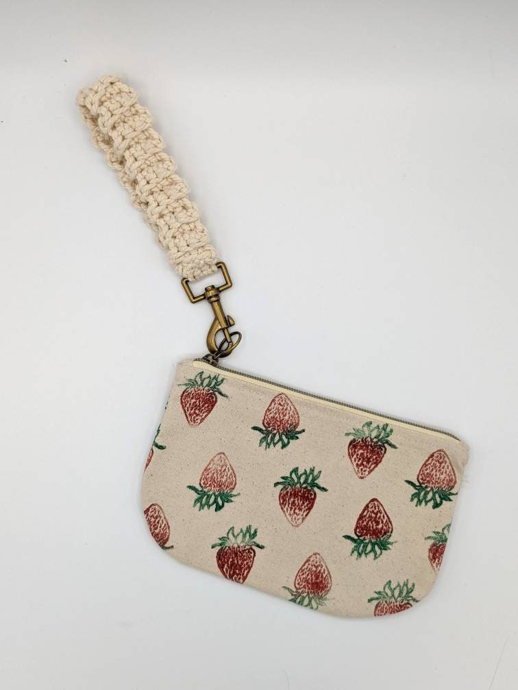 Strawberry Block Printed Handmade Half Moon Zip Pouch