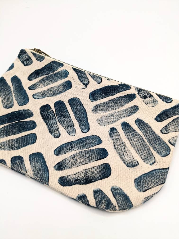 Abstract Geometric Blue 3 Line Block PrintedHalf Moon Zip Pouch