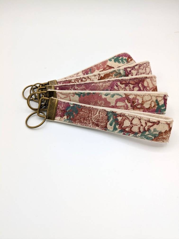 Pink Floral Block Printed Key Fob Wristlet