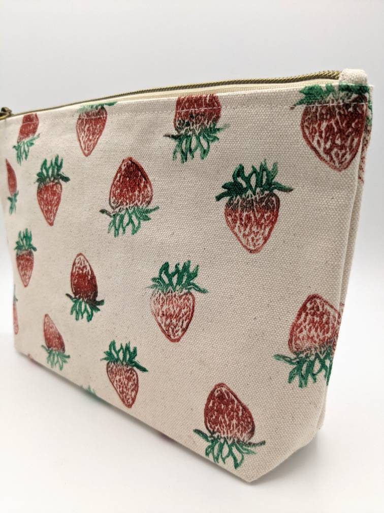 Strawberry Printed Double Zip Pouch | Toiletry Bag with Zip Pocket, Makeup Pouch, Cosmetic Bag, Bag Organizer