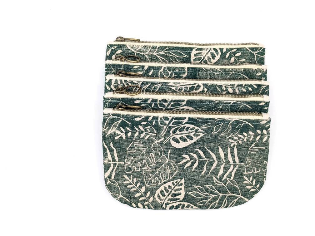 Green Botanical Block Printed Half Moon Zip Pouch