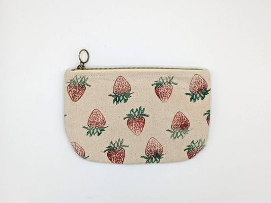 Strawberry Block Printed Handmade Half Moon Zip Pouch