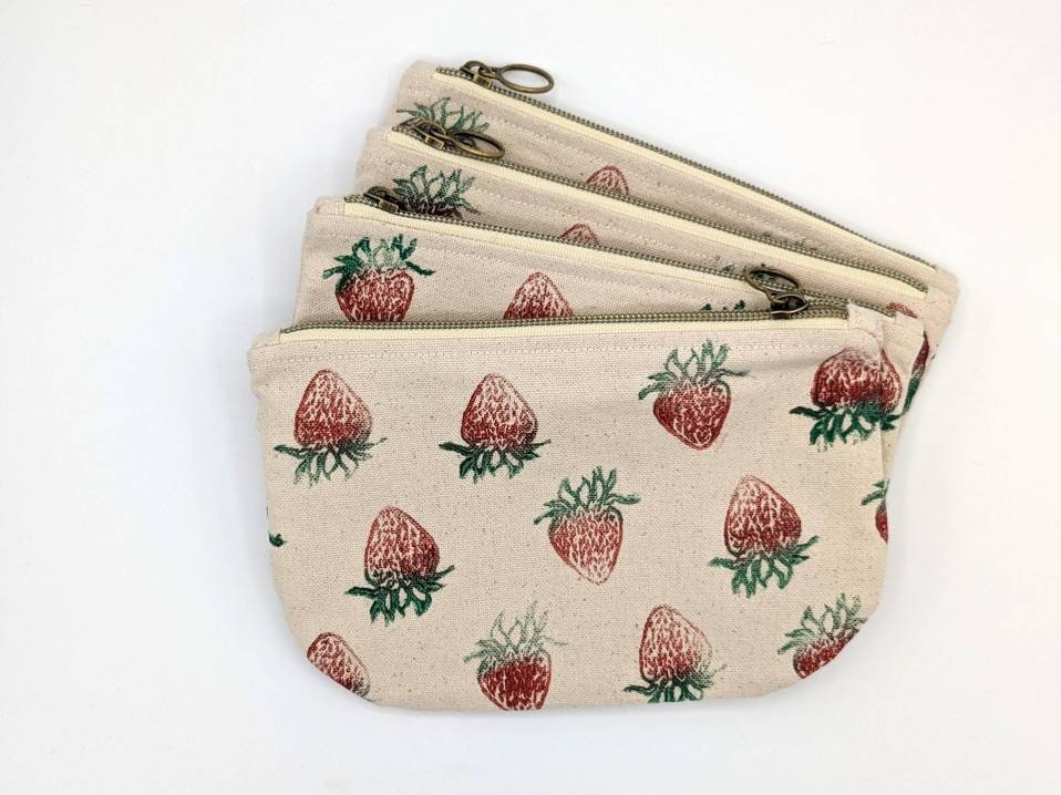 Strawberry Block Printed Handmade Half Moon Zip Pouch