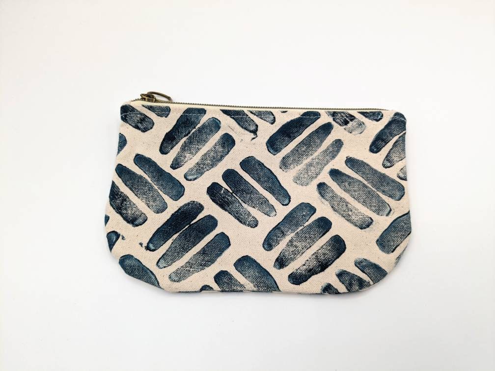 Abstract Geometric Blue 3 Line Block PrintedHalf Moon Zip Pouch