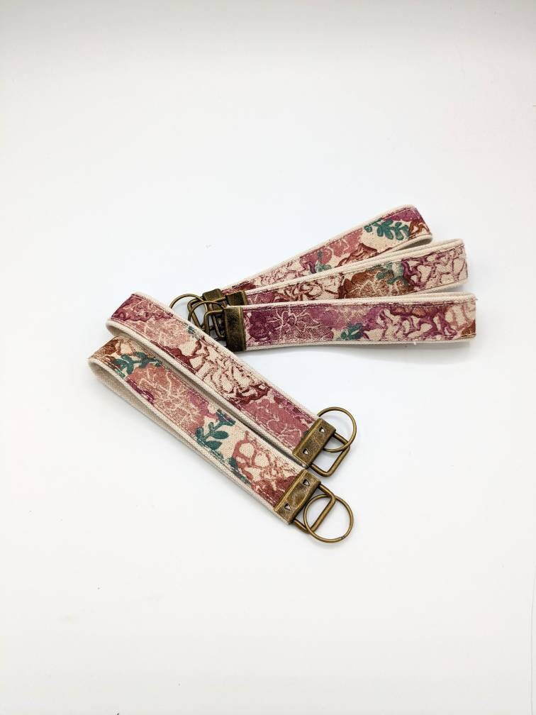 Pink Floral Block Printed Key Fob Wristlet