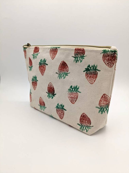 Strawberry Printed Double Zip Pouch | Toiletry Bag with Zip Pocket, Makeup Pouch, Cosmetic Bag, Bag Organizer