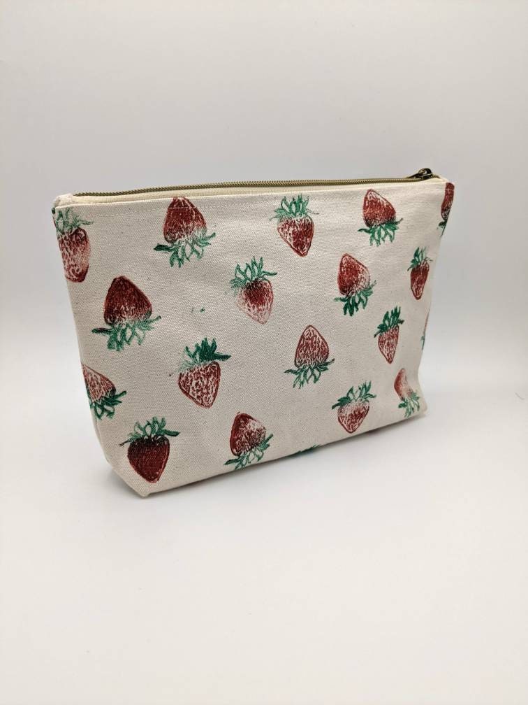 Strawberry Printed Double Zip Pouch | Toiletry Bag with Zip Pocket, Makeup Pouch, Cosmetic Bag, Bag Organizer