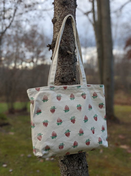 Strawberry Block Printed Multi Pocket Tote