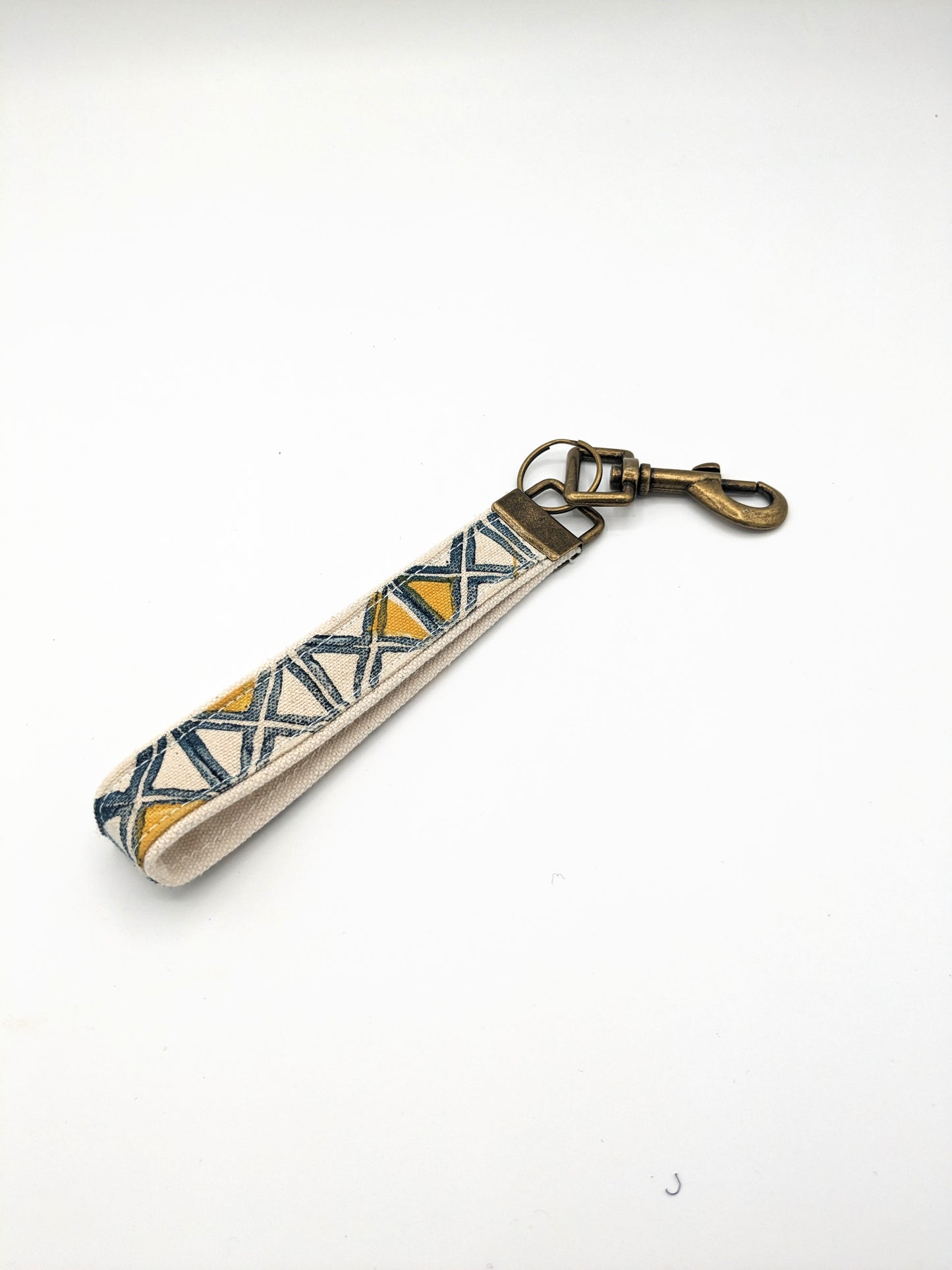 Geometric Navy Yellow Triangles Block Printed Key Fob Wristlet
