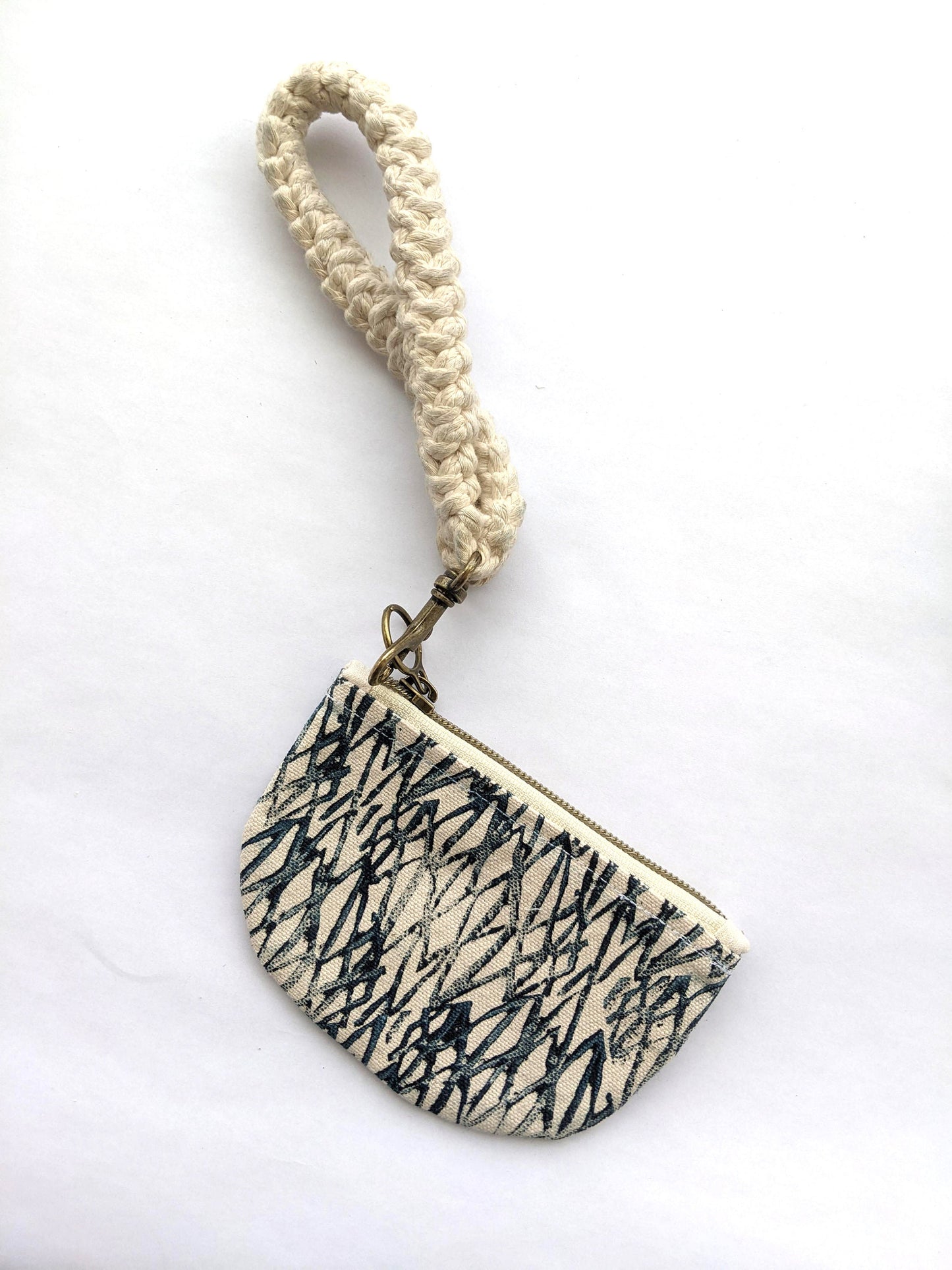 Half Moon Mini Pouch, Abstract Indigo Twig Block Printed