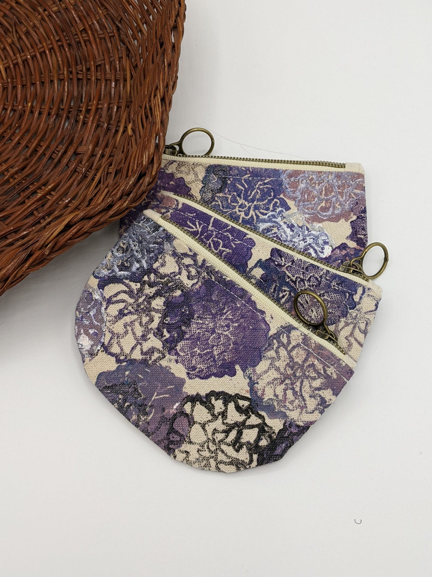 Half Moon Mini Pouch, Purple Floral Block Printed