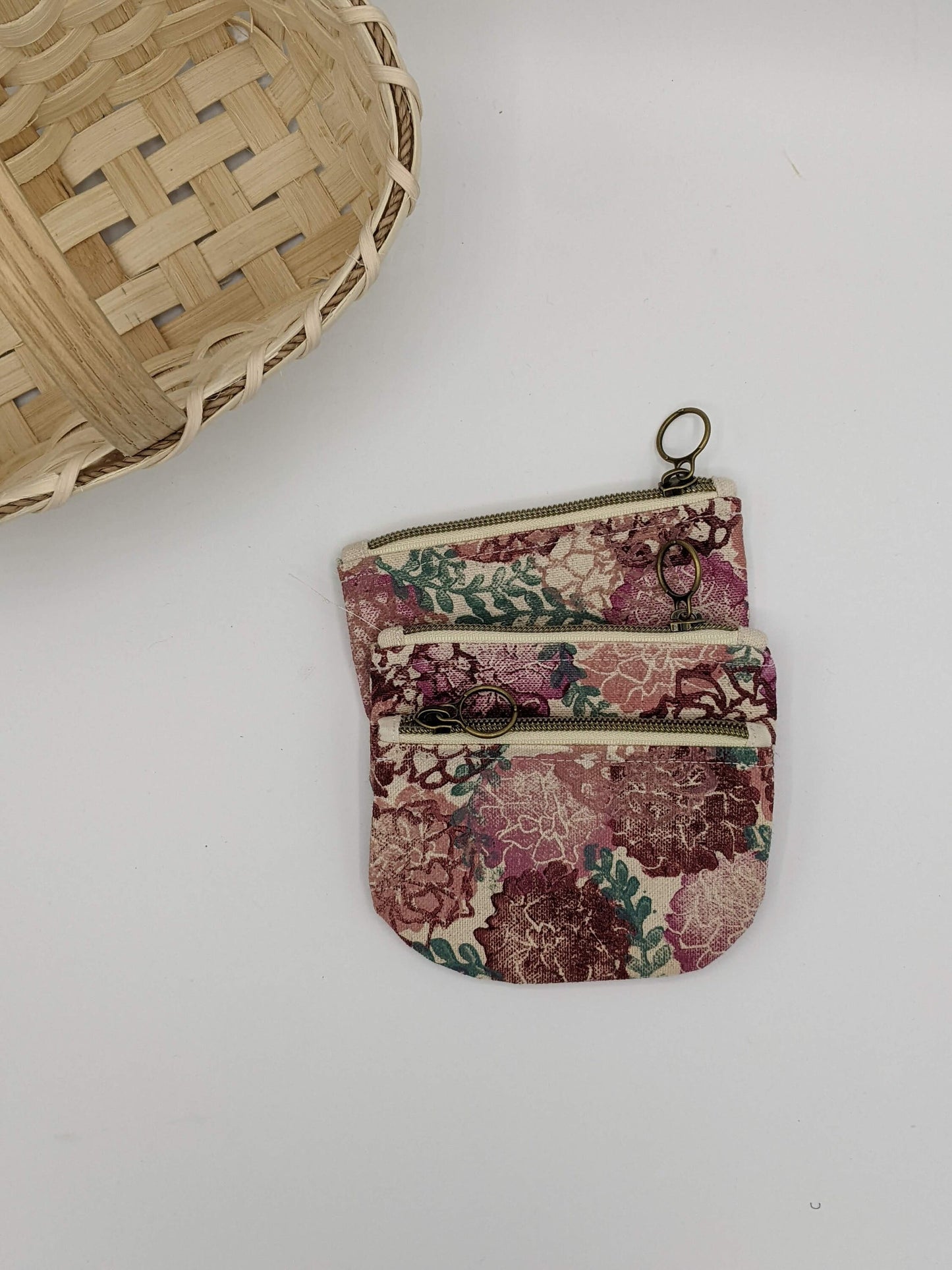 Half Moon Mini Pouch, Pink Floral Block Printed
