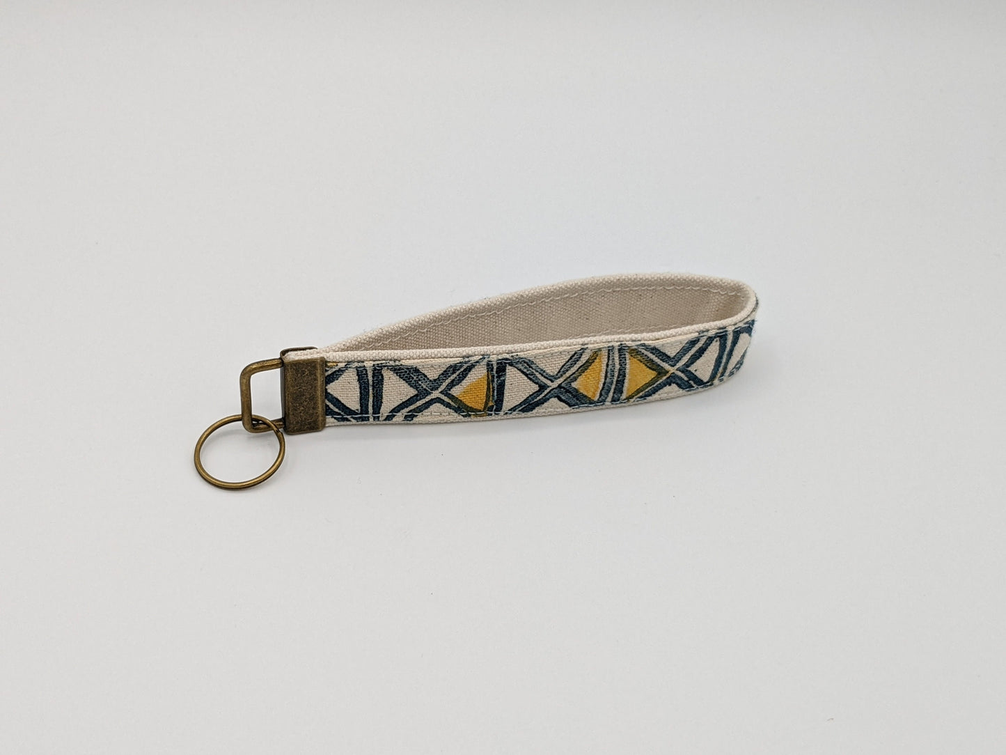 Geometric Navy Yellow Triangles Block Printed Key Fob Wristlet