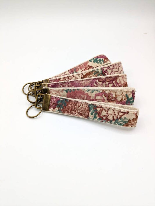 Pink Floral Block Printed Key Fob Wristlet