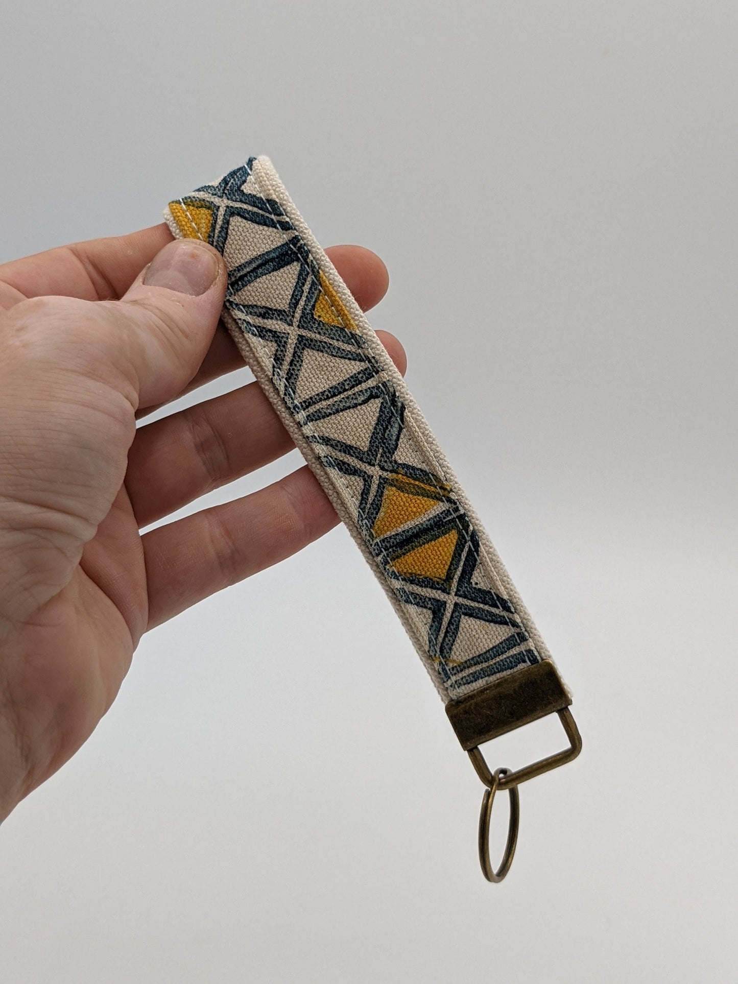 Geometric Navy Yellow Triangles Block Printed Key Fob Wristlet