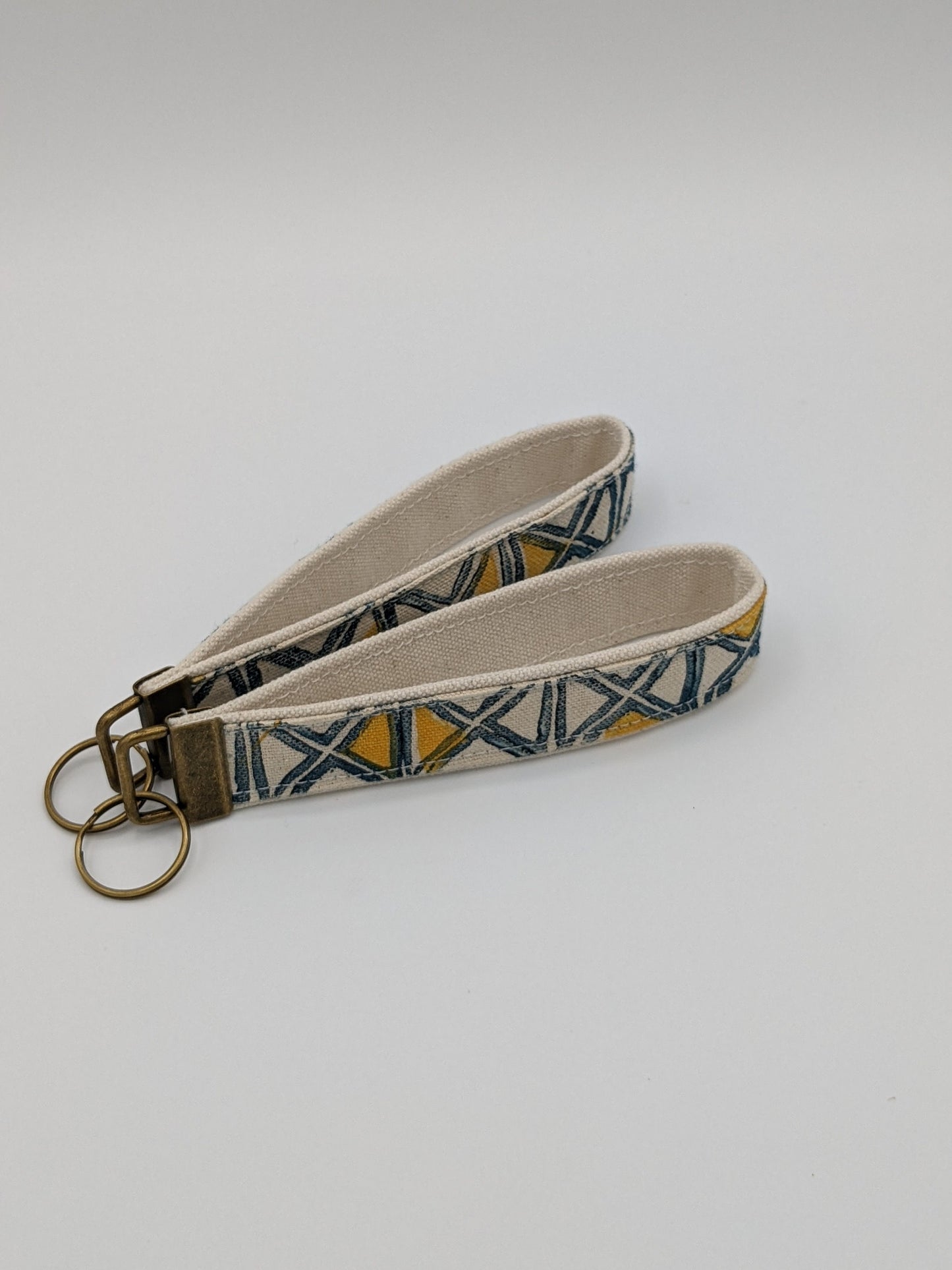 Geometric Navy Yellow Triangles Block Printed Key Fob Wristlet